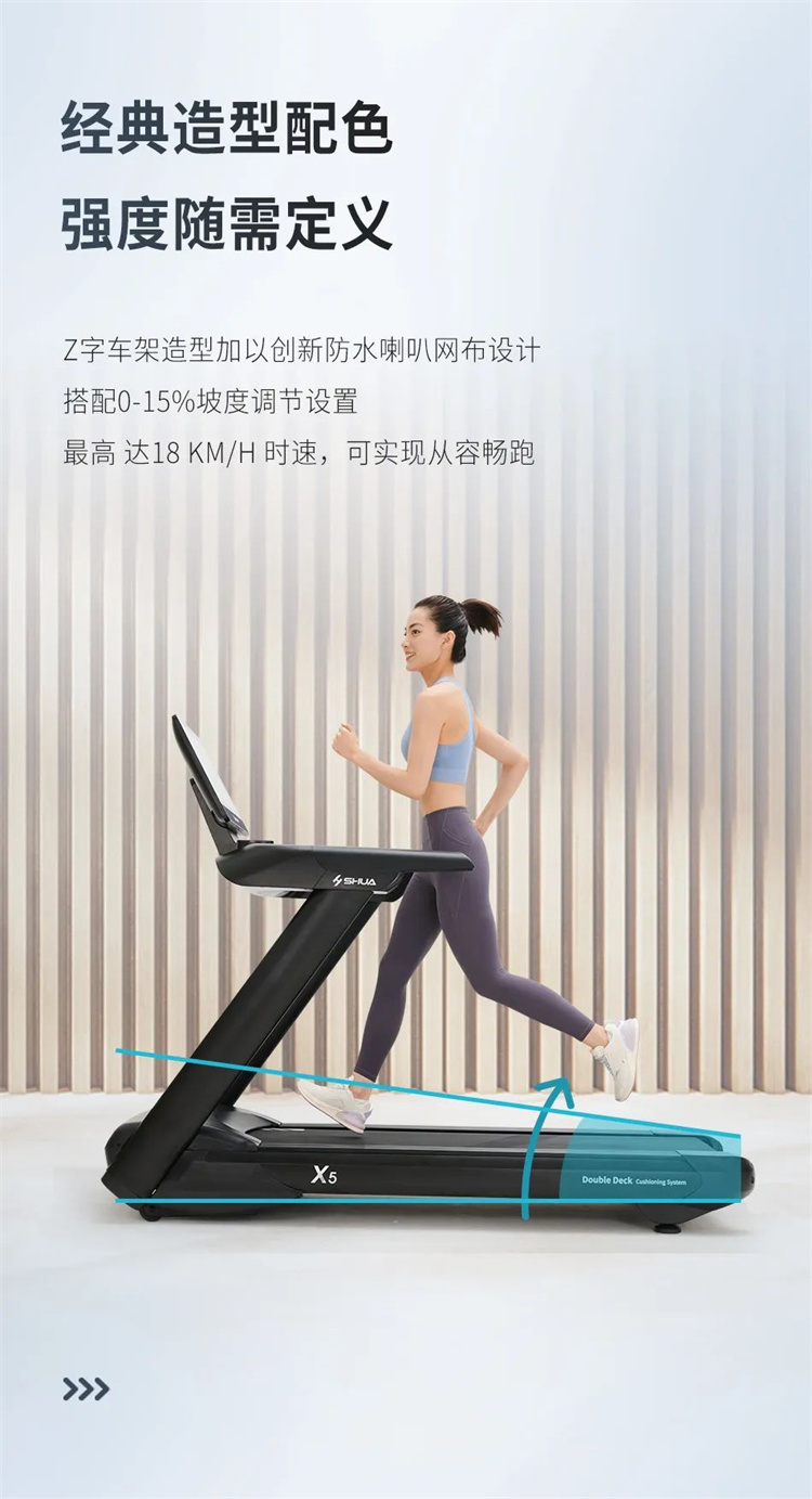 X5 Pro豪华智能跑步机采用全新跑步机系统，搭载21.5寸大屏，内置九种运动程序，