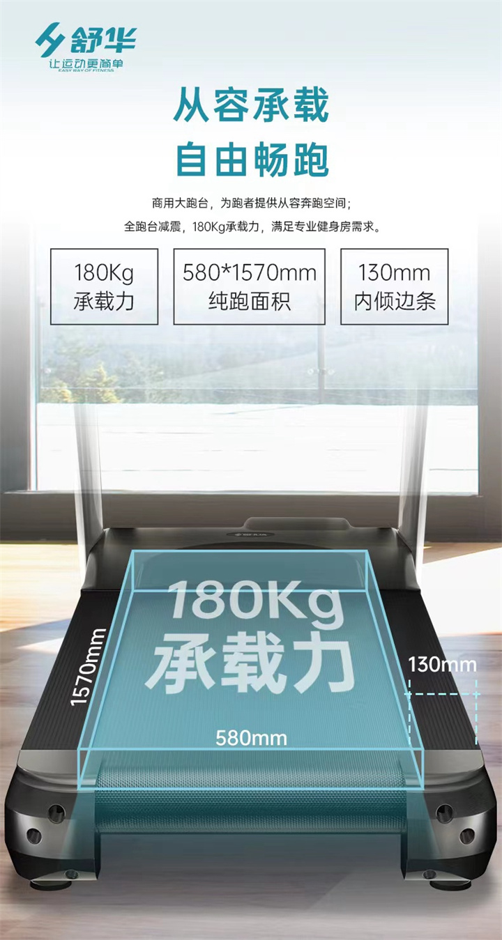 智能商用跑步机SH-T8919T-Y50(V9+)全跑台减震设计，跑台尺寸达580×1570mm，