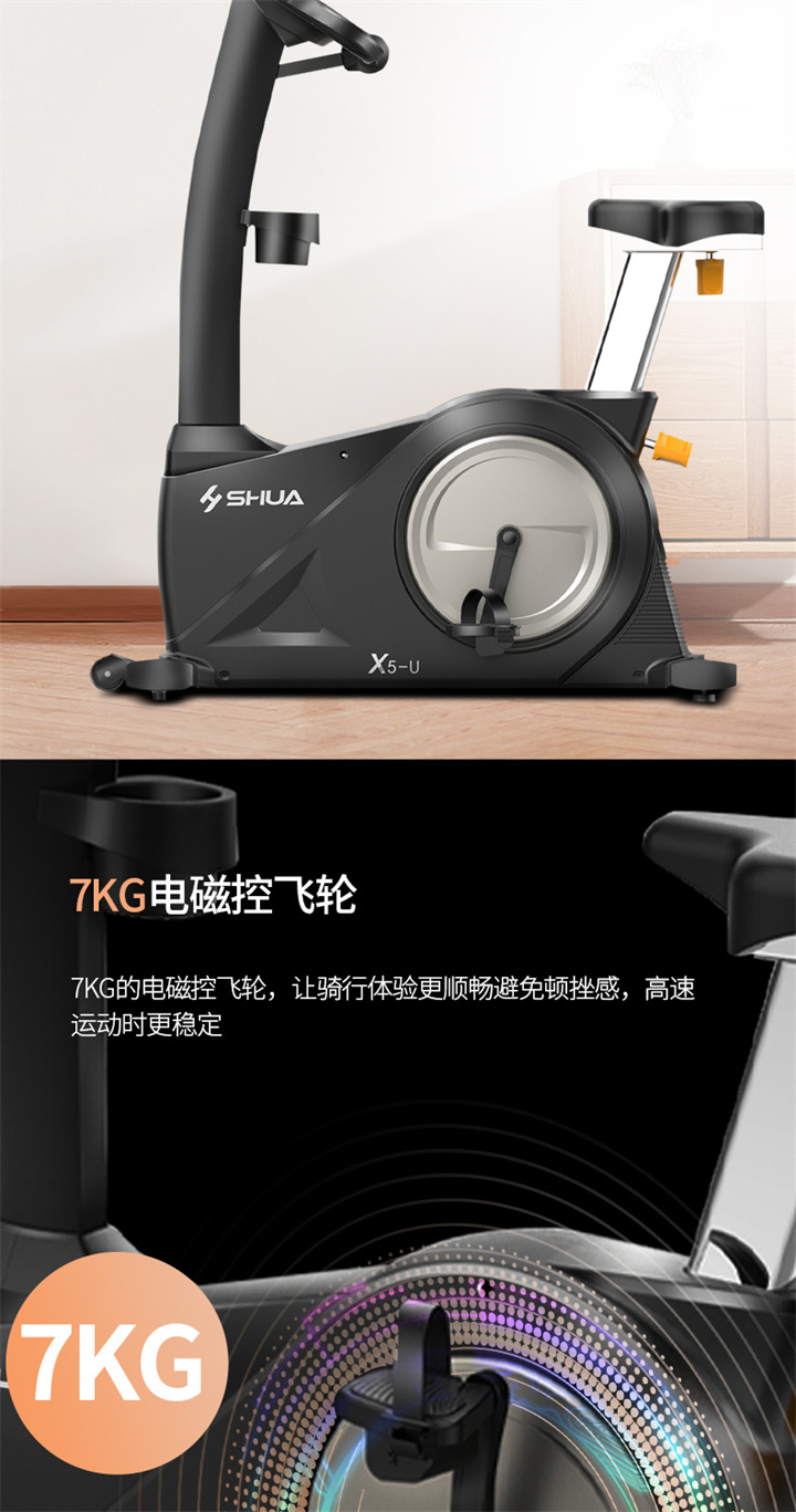 立式健身车SH-6500U(X5-U)采用自发电，曲轴达3PCS，电控的阻力系统，
