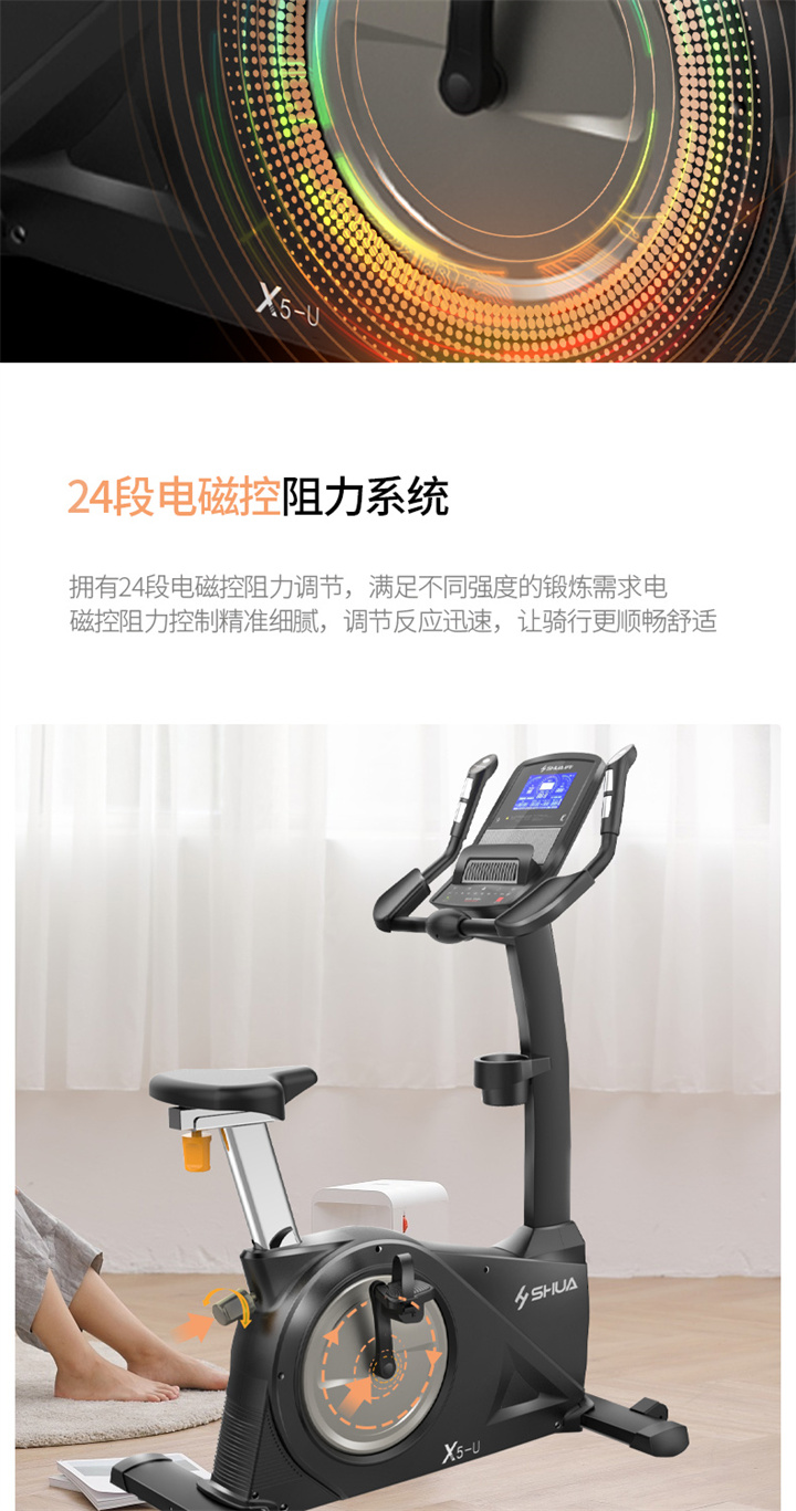 立式健身车SH-6500U(X5-U)采用自发电，曲轴达3PCS，电控的阻力系统，