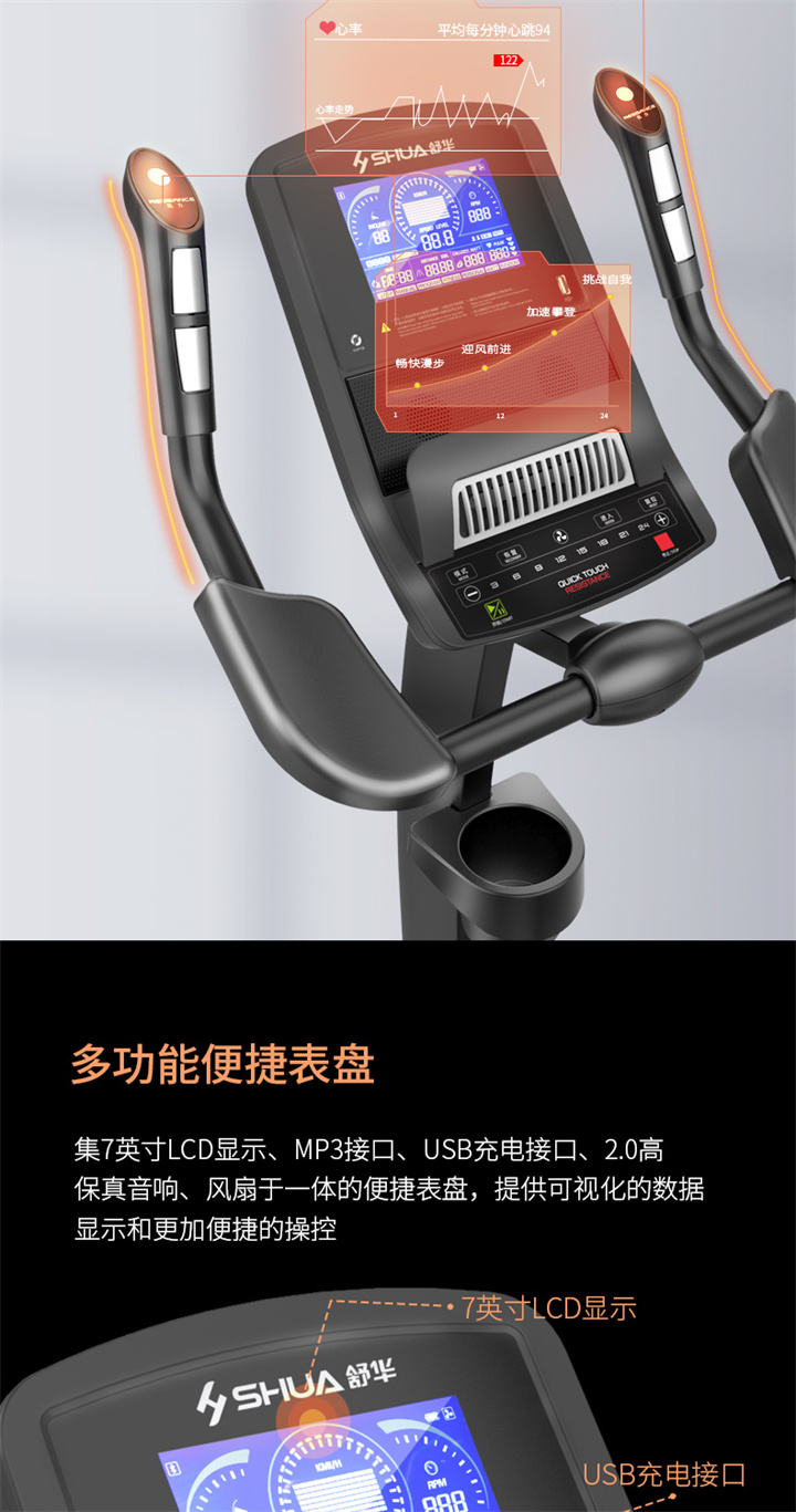 立式健身车SH-6500U(X5-U)采用自发电，曲轴达3PCS，电控的阻力系统，