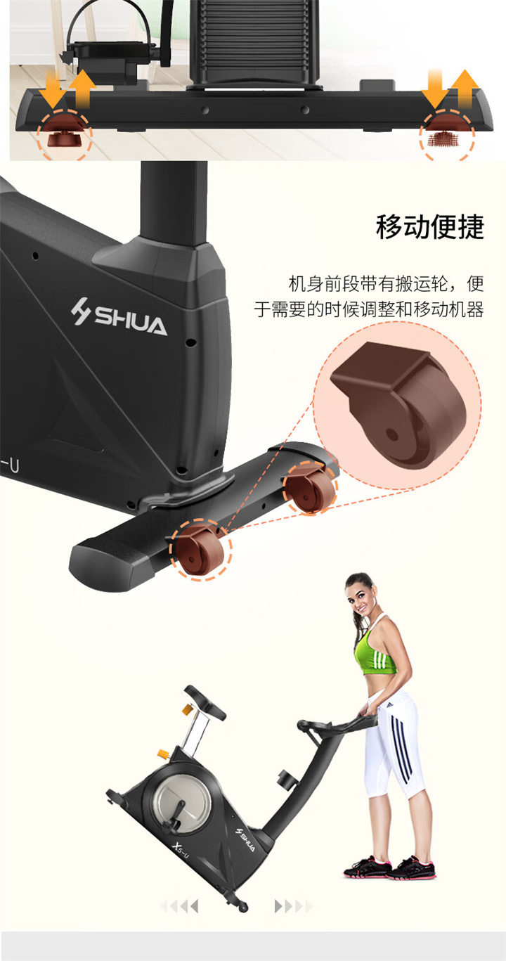 立式健身车SH-6500U(X5-U)采用自发电，曲轴达3PCS，电控的阻力系统，