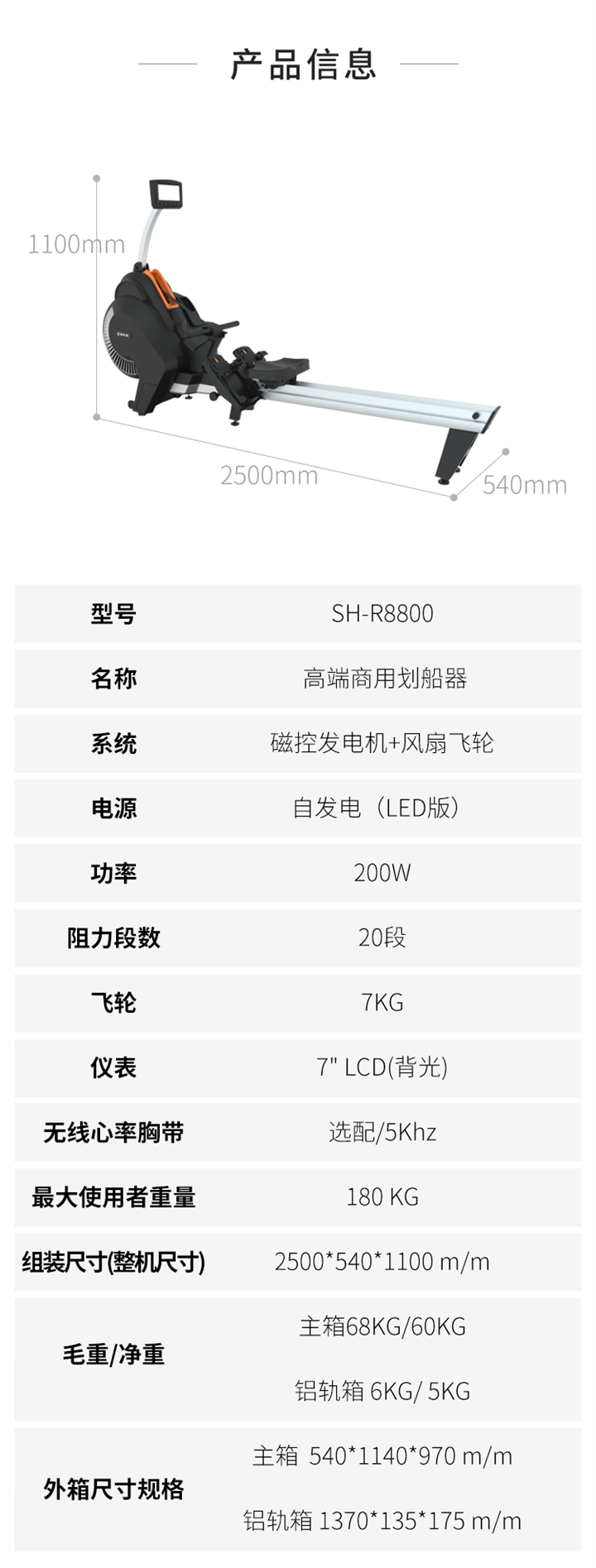 商用划船机SH-R8800采用磁控发电机和风扇飞轮系统，设有20段阻力段数，其中飞轮重量是7kg。