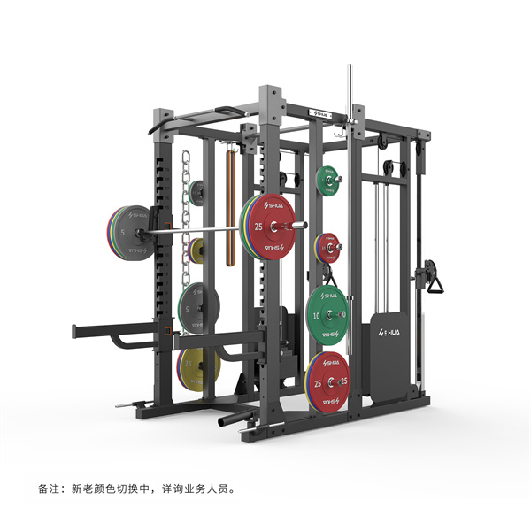 高端综合框式力量训练器SH-G8903功能区：杠铃片整组挂架、万向炮筒、举重杆保护架、单杠架、