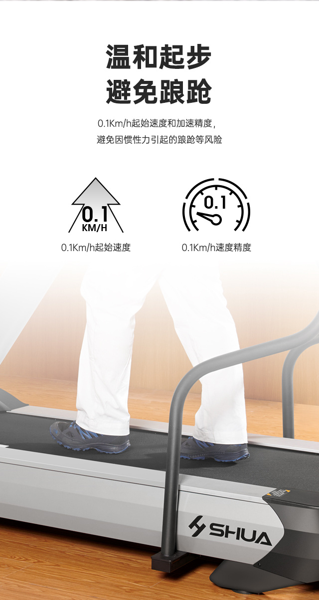 V9尊享版跑步机SH-T899设有辅助上下机踏板的驱动踏板，控制速度在-5至10km/h内可调，