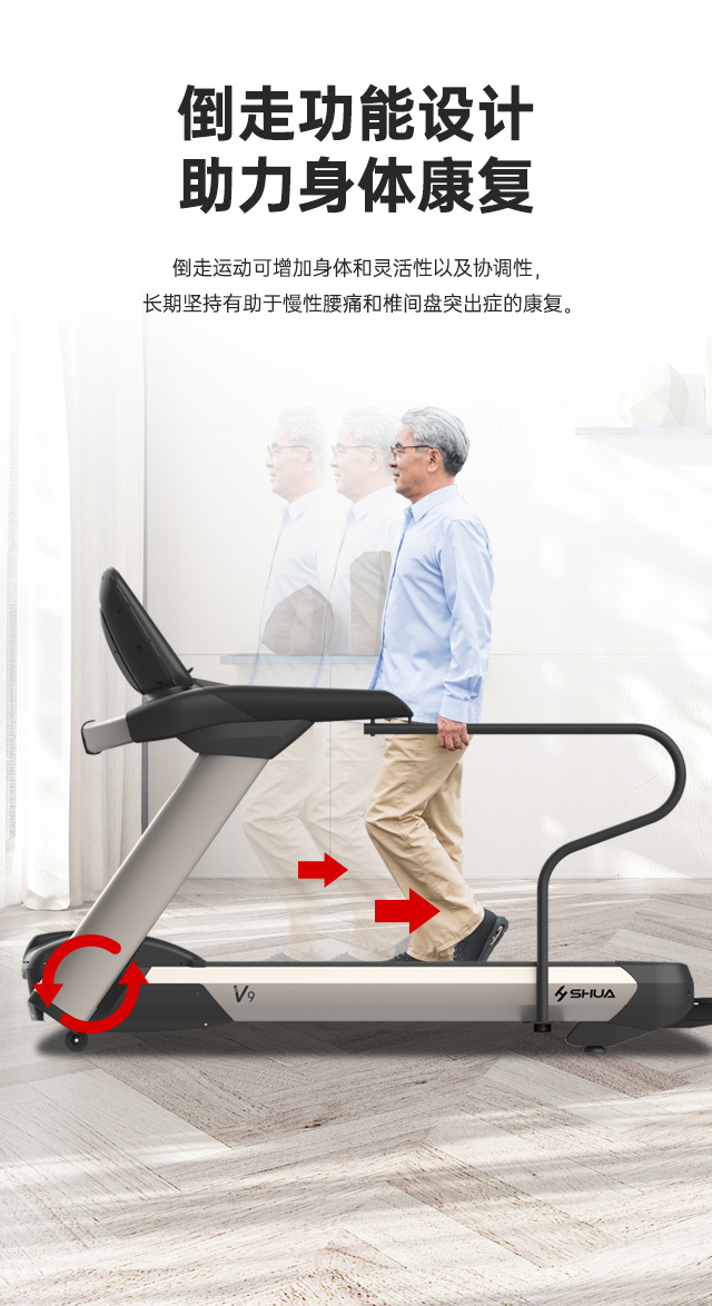 V9尊享版跑步机SH-T899设有辅助上下机踏板的驱动踏板，控制速度在-5至10km/h内可调，